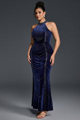 Curveins Plus Size Spaghetti Strap Sleeveless Chain Waist Bodycon Velvet Maxi Dress