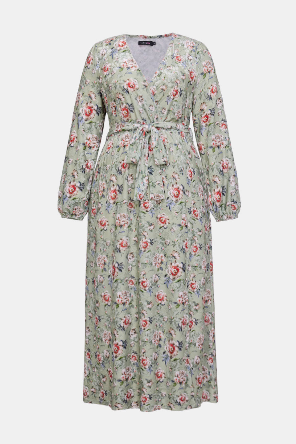 Curveins Plus Size V Neck Long Sleeve Floral Print Velvet Waist Tie Maxi Dress