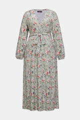 Curveins Plus Size V Neck Long Sleeve Floral Print Velvet Waist Tie Maxi Dress