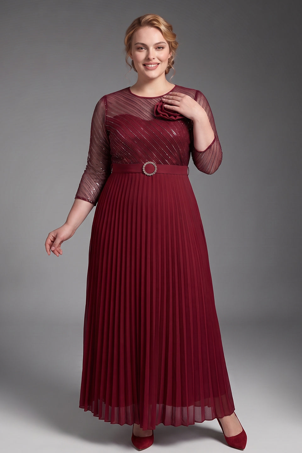 Curveins Plus Size Chic Round Neck Ruched Detail Long Sleeve Maxi Dress