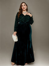 Curveins Plus Size V-Neck Sequin Velvet Patchwork Maxi Dress