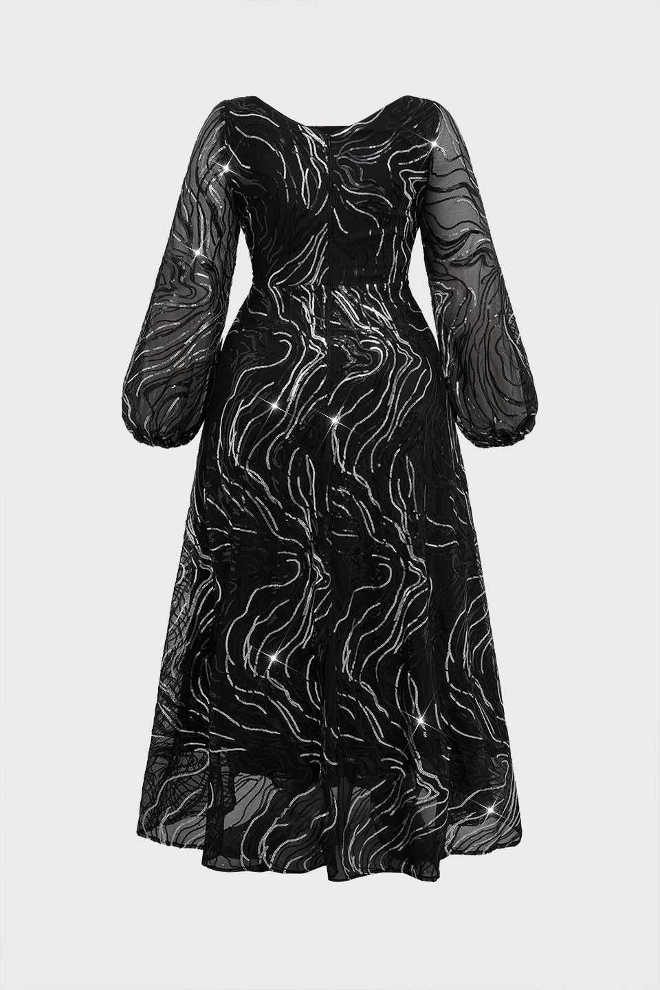 Curveins Plus Size Square Neck Long Sleeve Striped Sequin A-Line Maxi Dress