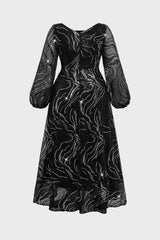 Curveins Plus Size Square Neck Long Sleeve Striped Sequin A-Line Maxi Dress