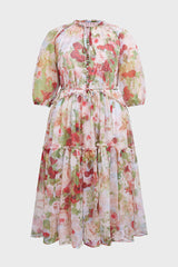 Curveins Plus Size Round Neck Floral Wrap Waist Tiered Maxi Dress