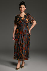 Curveins Plus Size Velvet Surplice Vintage Plain Maxi Dress