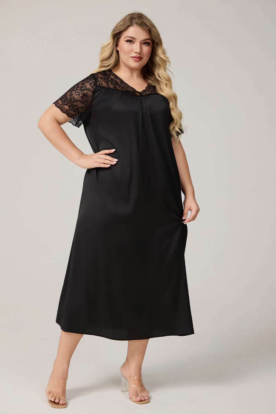 Curveins Plus Size Ice Silk Short Sleeve Loose Fit Comfortable Sleep Dress