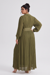 Curveins Plus Size Long Sleeve Polo Neck Button Pleated Waist Maxi Dress