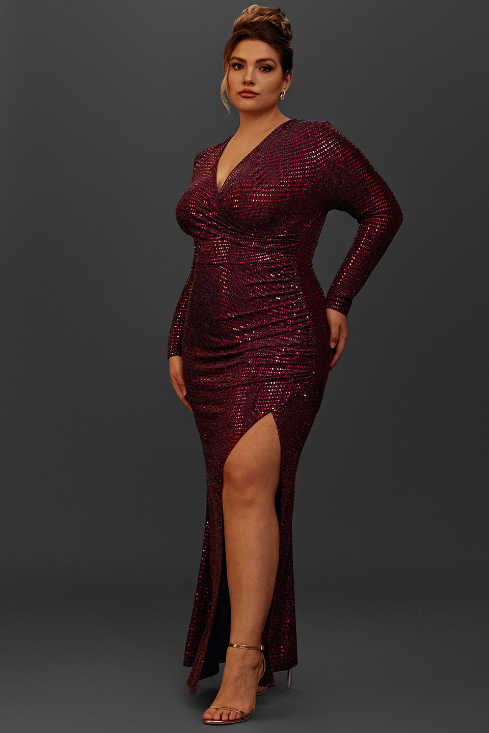 Curveins Plus Size Long Sleeve Solid Color Metallic Sequin Maxi Dress