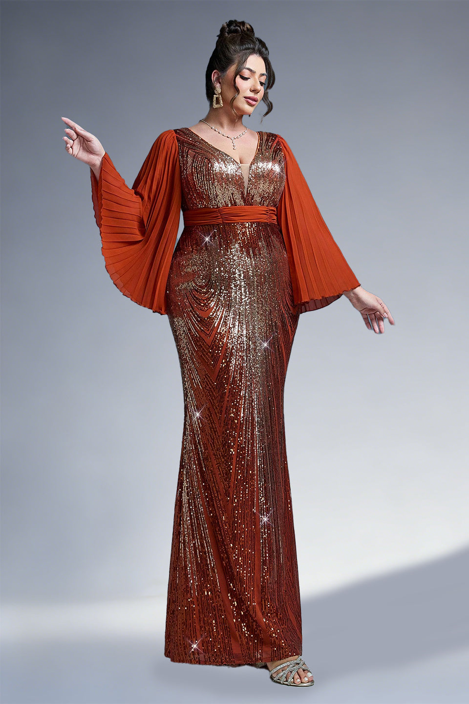 Curveins Plus Size Sparkling V-Neck Batwing Long-Sleeve Curve-Fit Maxi Dress