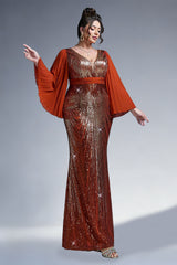 Curveins Plus Size Sparkling V-Neck Batwing Long-Sleeve Curve-Fit Maxi Dress