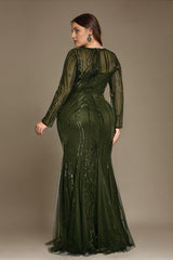 Curveins Plus Size Round Neck Long Sleeve Sequin Bodycon Maxi Dress