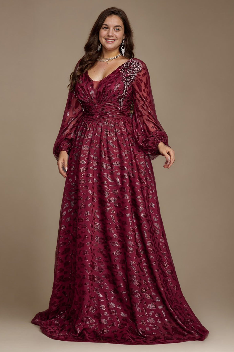 Curveins Chic Plus Size V-Neck Floral Pattern Lantern Sleeve Gown