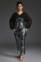 Curveins Plus Size V-Neck Puff Sleeve Patchwork Sequin Bodycon Maxi Dress