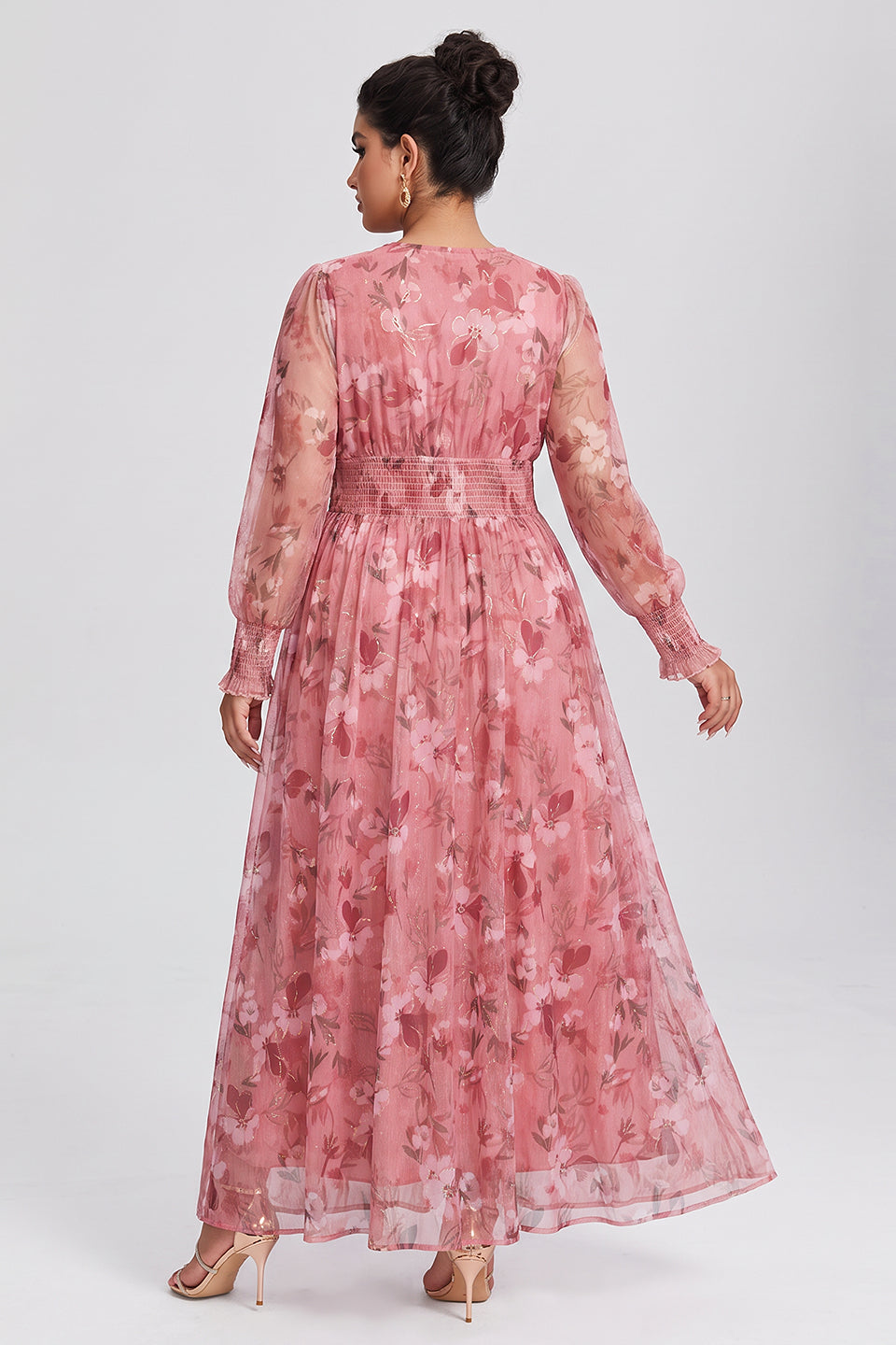 Curveins Plus Size V Neck Long Sleeve Floral Waist Maxi Dress