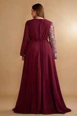 Curveins Plus Size Elegant Ruched Waist Long Sleeve Round Neck Maxi Dress
