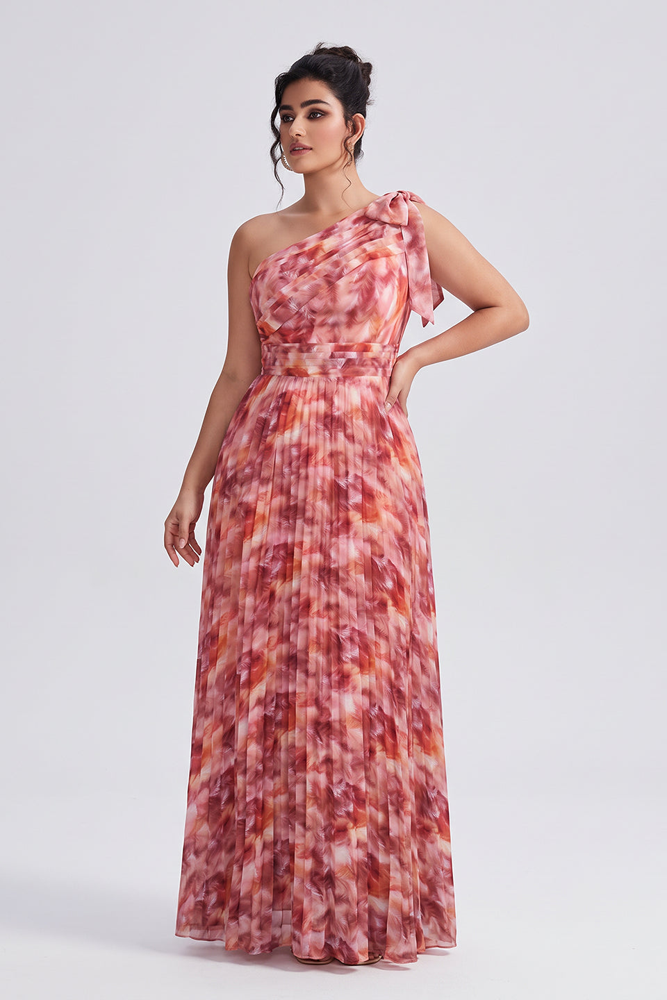 Curveins Plus Size One Shoulder Striped Cinched Waist Elegant Flowing Maxi Dress