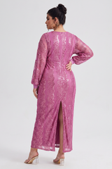 Curveins Plus Size V-Neck Sequin Balloon Sleeve Back-Slit Elegant Evening Maxi Dress