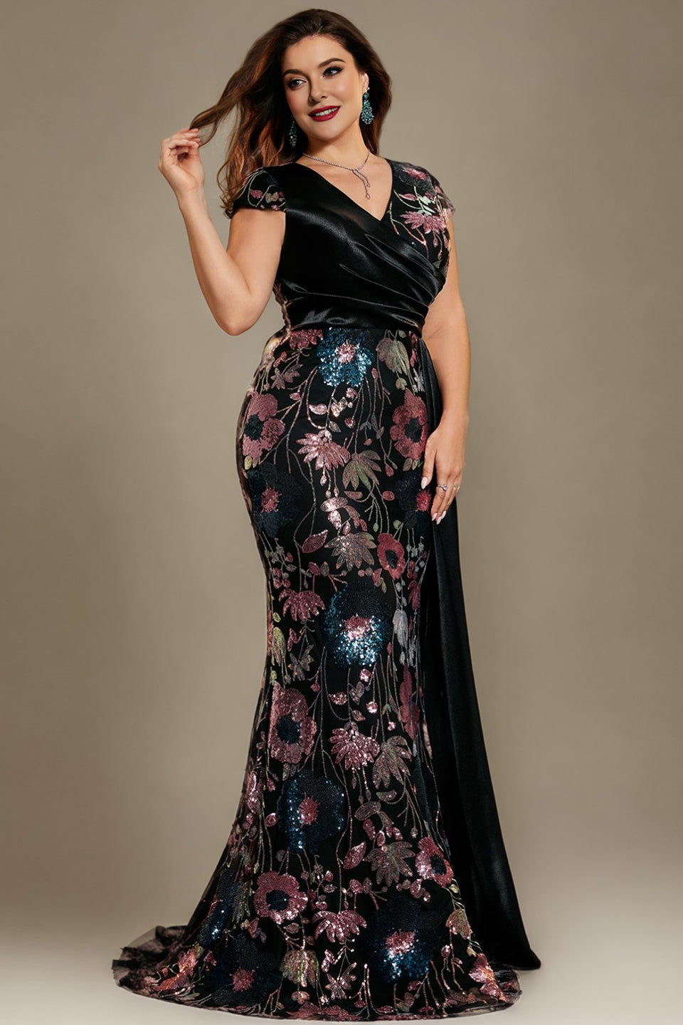 Curveins Plus Size Sparkling Sequin V-Neck Curve-Hugging Maxi Dress