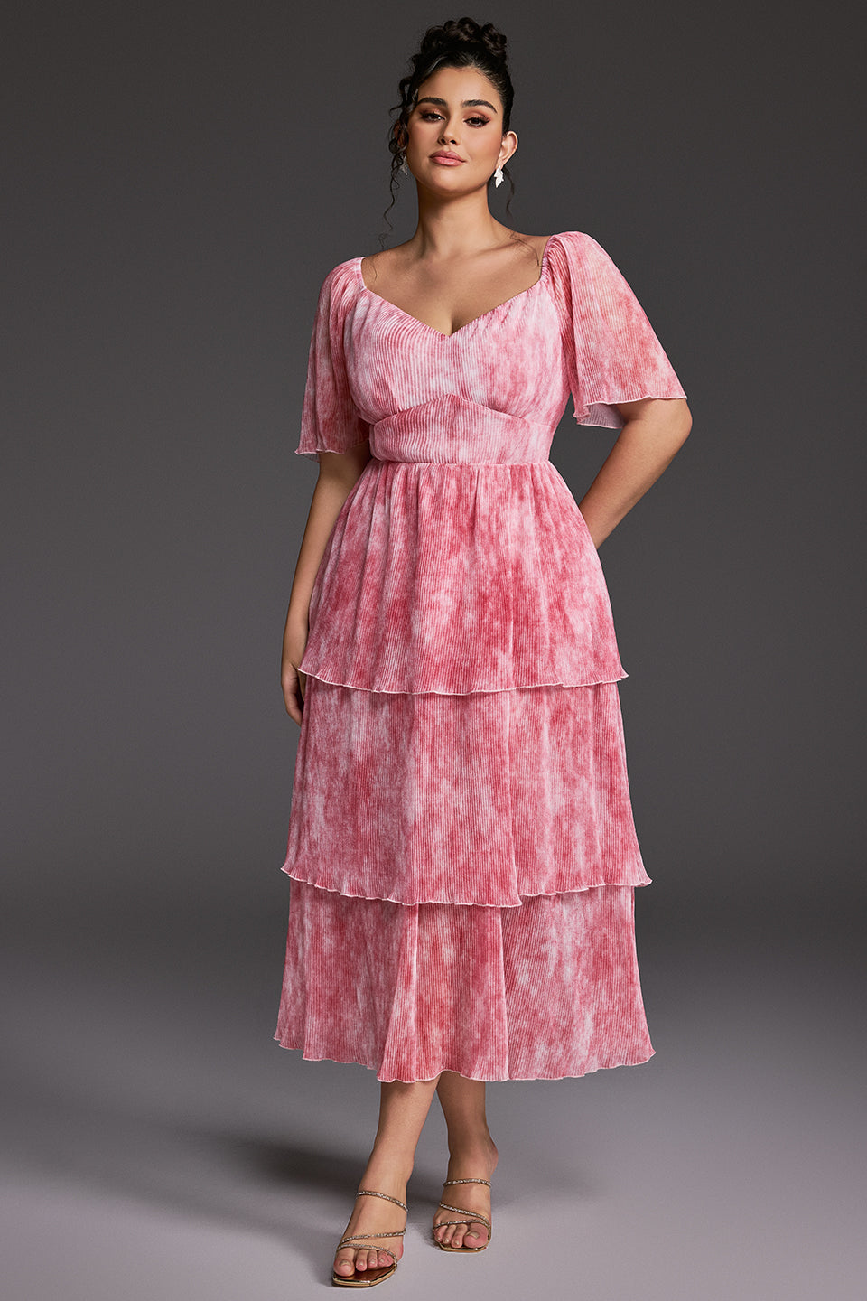 Curveins Plus Size V-Neck Ruffle Hem Tiered Maxi Dress