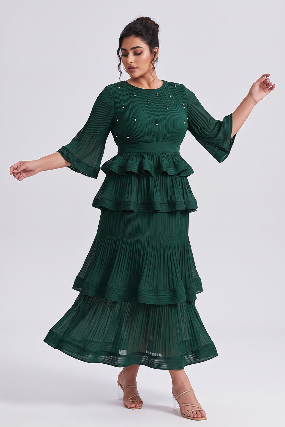 Curveins Plus Size Crew Neck Long Sleeve Ruffle Tiered Skirt Set