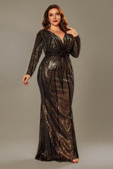 Curveins Plus Size V-Neck Long Lantern Sleeve Sequin Bodycon Maxi Dress