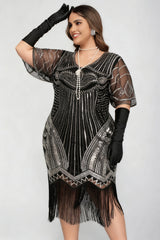 Curveins 1920s Gold Ruby Plus Size Striped Sequin Fringe Flapper Midi Dress