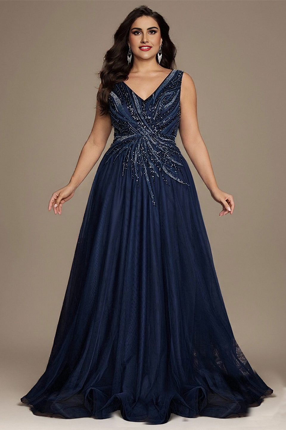 Curveins Elegant Plus Size V-Neck Sleeveless Glitter Pleated Evening Gown