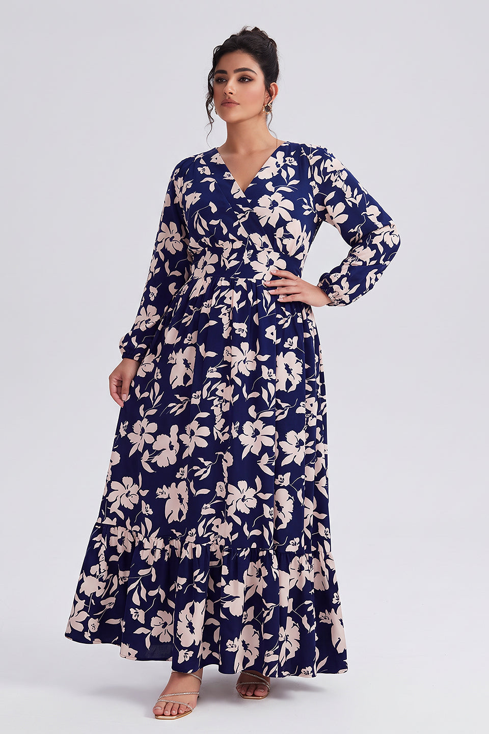 Curveins Plus Size V Neck Long Sleeve Printed Waist Defined Elegant Casual Maxi Dress