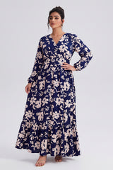 Curveins Plus Size V Neck Long Sleeve Printed Waist Defined Elegant Casual Maxi Dress