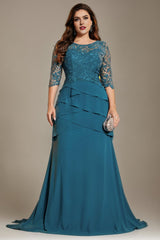 Curveins Plus Size Round Neck Embroidered Bodice Waist-Defined Maxi Dress