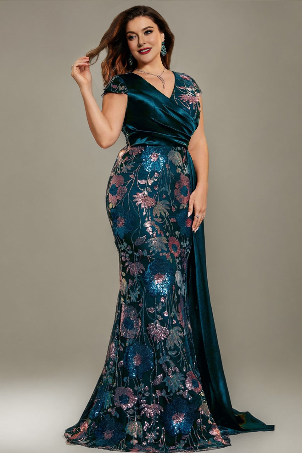 Curveins Plus Size Sparkling Sequin V-Neck Curve-Hugging Maxi Dress