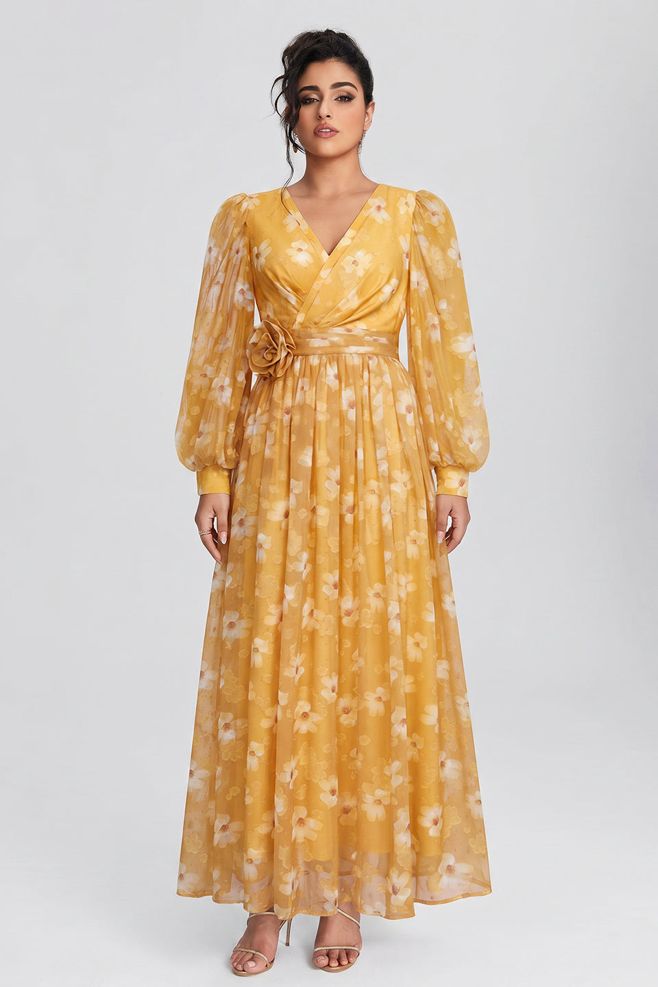 Curveins Plus Size V Neck Puff Sleeve Floral Print Ruched Waist Feminine Maxi Dress