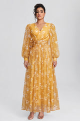 Curveins Plus Size V Neck Puff Sleeve Floral Print Ruched Waist Feminine Maxi Dress