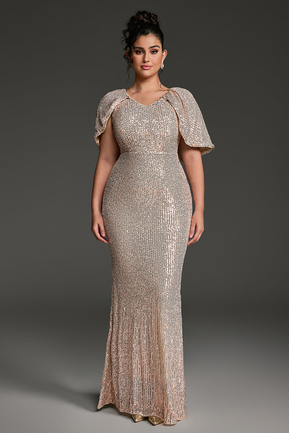 Curveins Plus Size V-Neck Sequin Short Sleeve Bodycon Maxi Dress