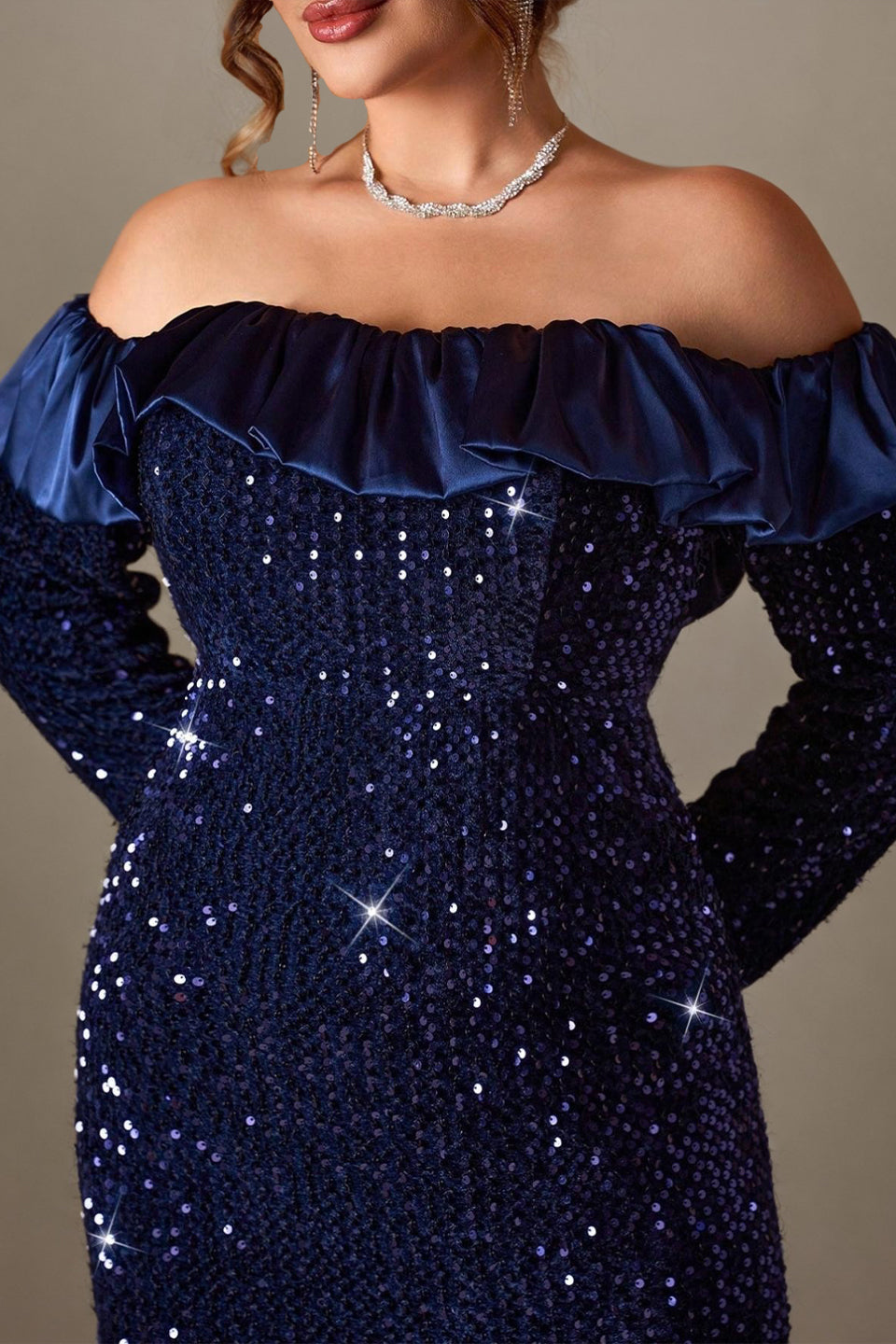 Curveins Plus Size Off-Shoulder Sparkling Sequin Fitted Mermaid Maxi Dress