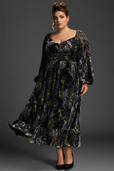 Curveins Plus Size Velvet Draped Collar Embroidered Ruched Long Dress