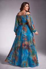Curveins Plus Size Spaghetti Strap Off Shoulder Puff Sleeve Elegant Maxi Dress