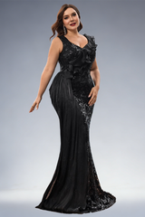Curveins Plus Size V-Neck Sequin Detail Ruffle Sleeve Body-Fit Maxi Dress