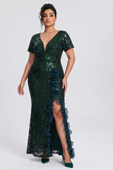 Curveins Plus Size V Neck Short Sleeve Sequin High Slit 3D Flower Bodycon Maxi Dress