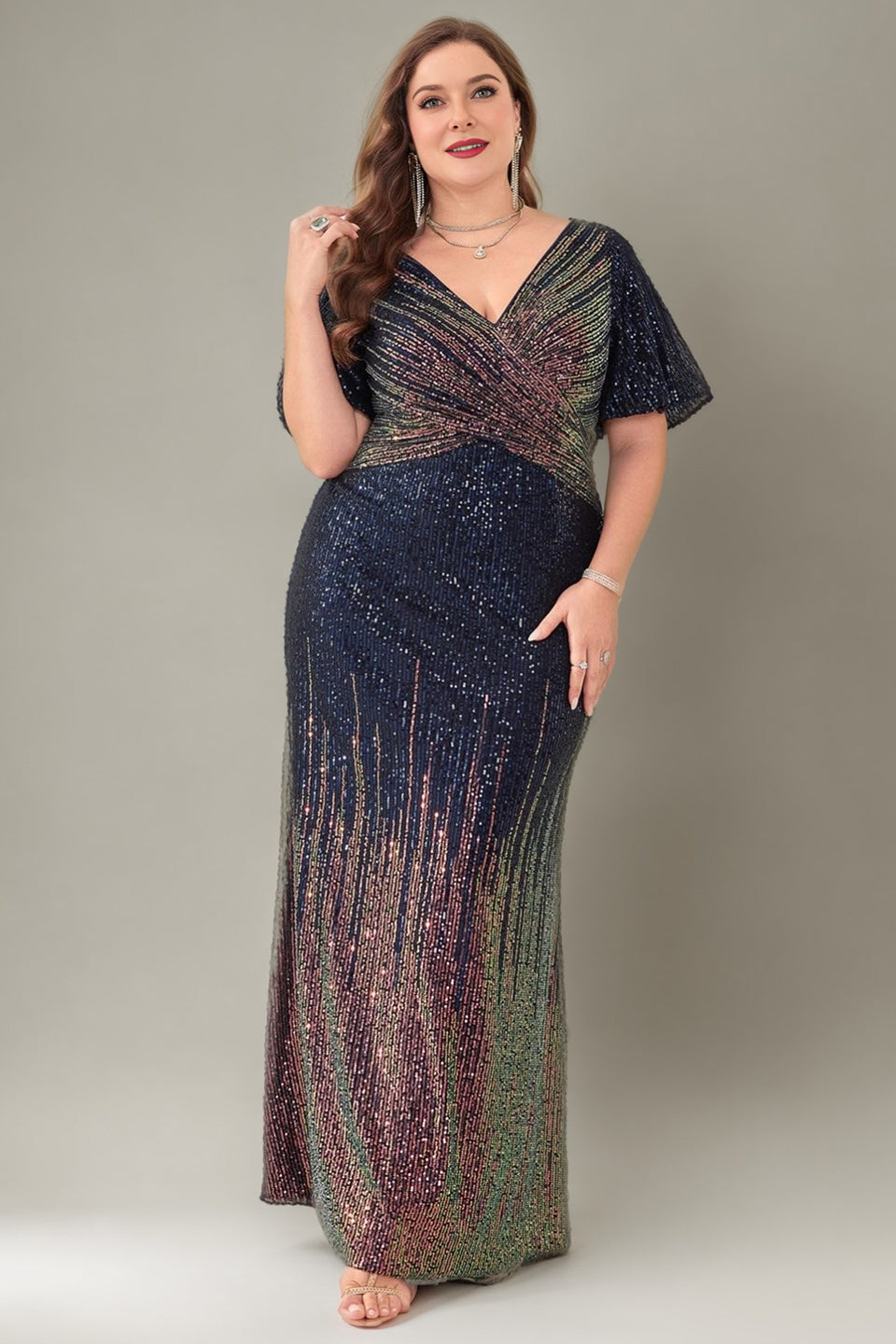 Curveins Plus Size Glam V-Neck Batwing Sleeve Curve-Flattering Sequin Dress