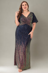 Curveins Plus Size Glam V-Neck Batwing Sleeve Curve-Flattering Sequin Dress