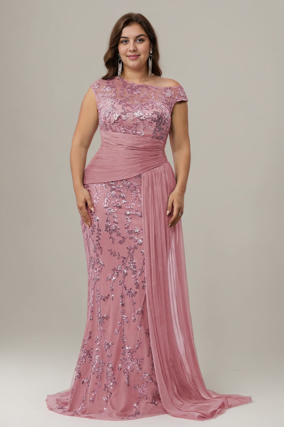 Curveins Plus Size One Shoulder Sleeveless Embroidered Sequin Patchwork Bodycon Maxi Dress