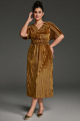 Curveins Plus Size Striped V-Neck Belted Waist Velvet Maxi Dress
