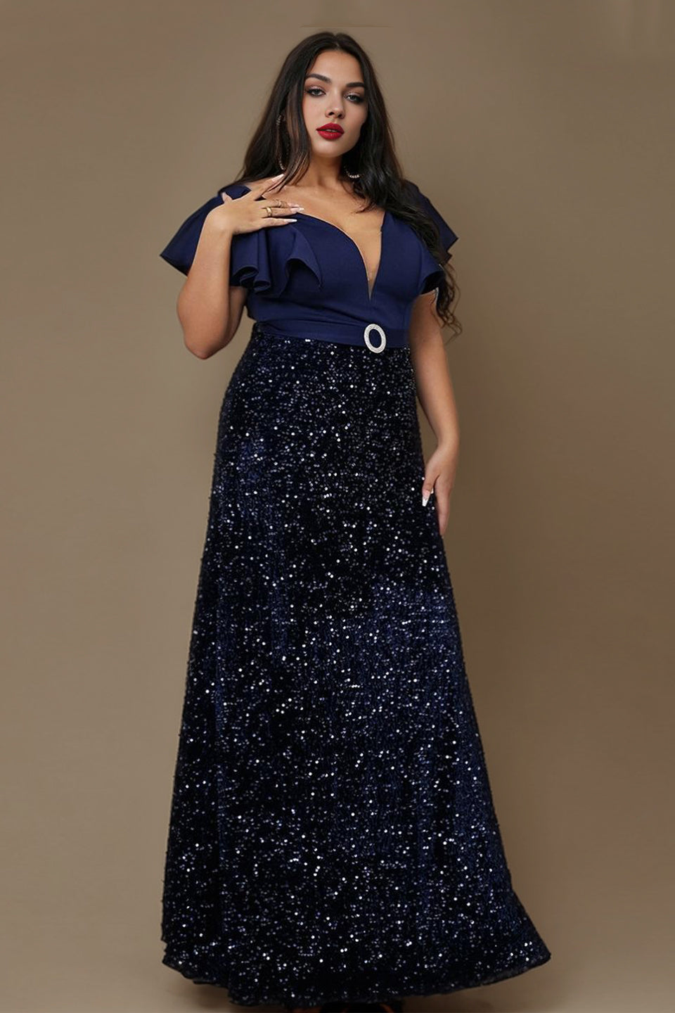 Curveins Plus Size Elegant V Neck Sequin Panel Waist Shaping Sparkle Evening Maxi Dress