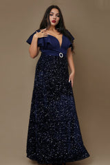 Curveins Plus Size Elegant V Neck Sequin Panel Waist Shaping Sparkle Evening Maxi Dress