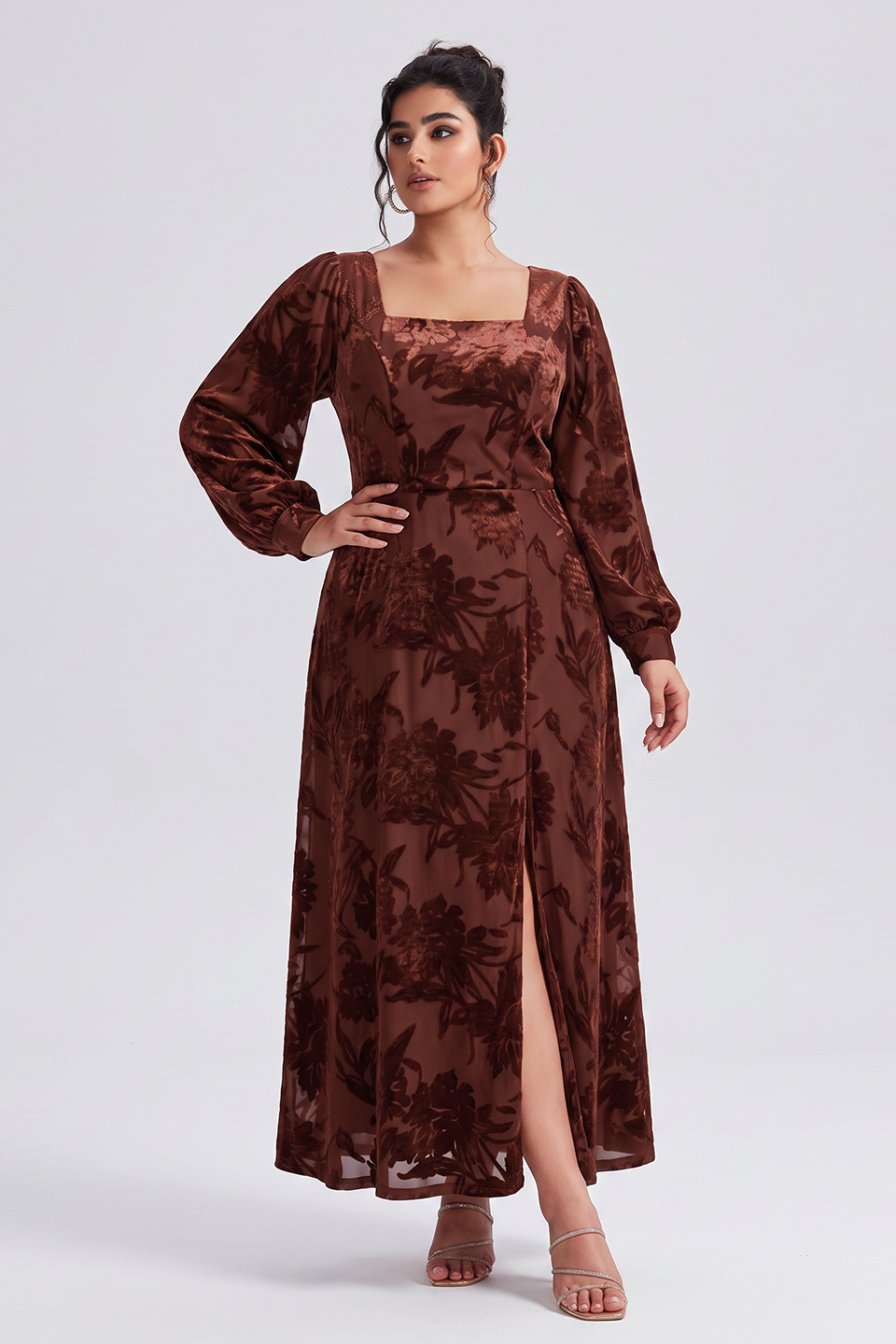 Curveins Plus Size Elegant Square Neck Long Sleeve Floral Print Velvet Split Maxi Dress