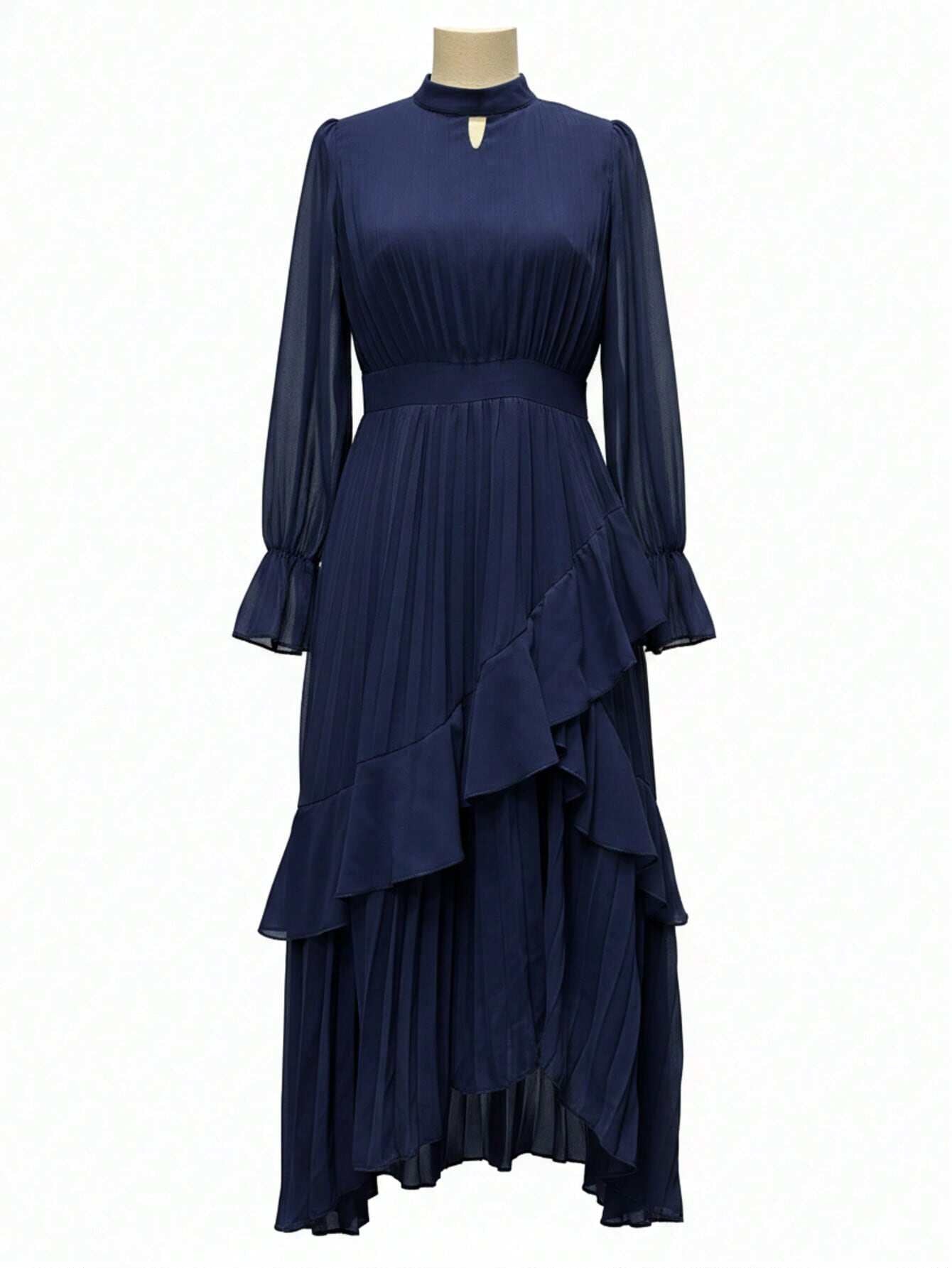 Curveins Plus Size Long Sleeve Ruffle Detail Pleated Asymmetrical Hem Midi Dress