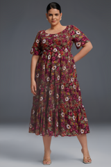 Curveins Plus Size V-Neck Flower Print Pleated Maxi Dress