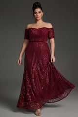 Curveins Plus Size Off-Shoulder Waist Cinched Striped Sequin Maxi Evening Dress