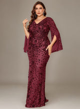 Curveins Plus Size V-Neck Long Sleeves Sequin Floral Bodycon Maxi Dress